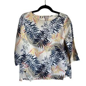 Chico's Top 100% Linen Flax Palm Print 3/4 Sleeve Shirt Size 0‎ (US 4/6 - Small)